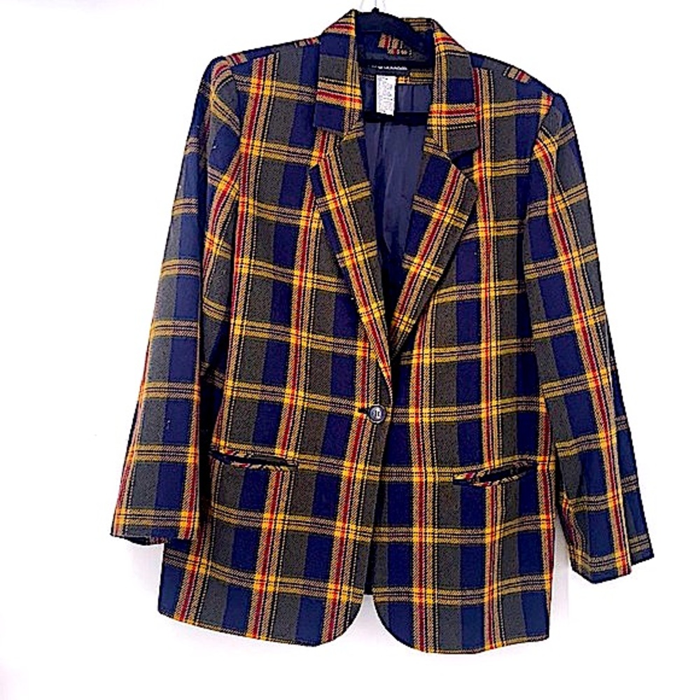 Vintage sag harbor plaid wool blazer yellow blue Size 14